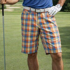 Beyond The Limit Men’s Melon & Teal Blue Plaid Golf Shorts, Size 36